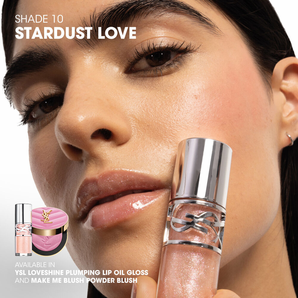Natalia wearing glossy lips and blush, holding YSL LOVESHINE Plumping Lip Oil Gloss in shade 10, with inset Make Me Blush.