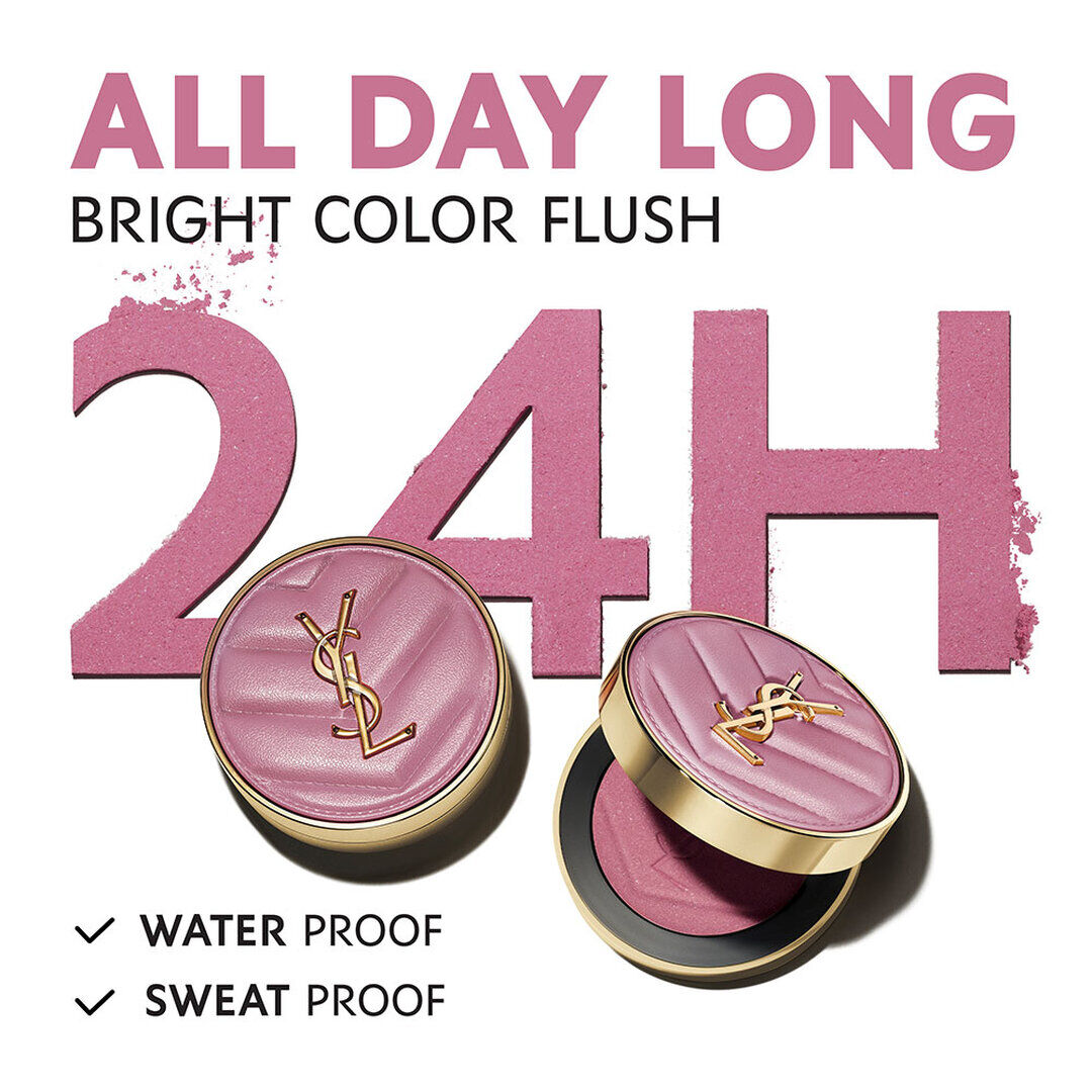 YSL Make Me Blush Bold Blurring Blush with 24H long-wear claim, emphasizing its waterproof and sweatproof formula for all-day vibrant color