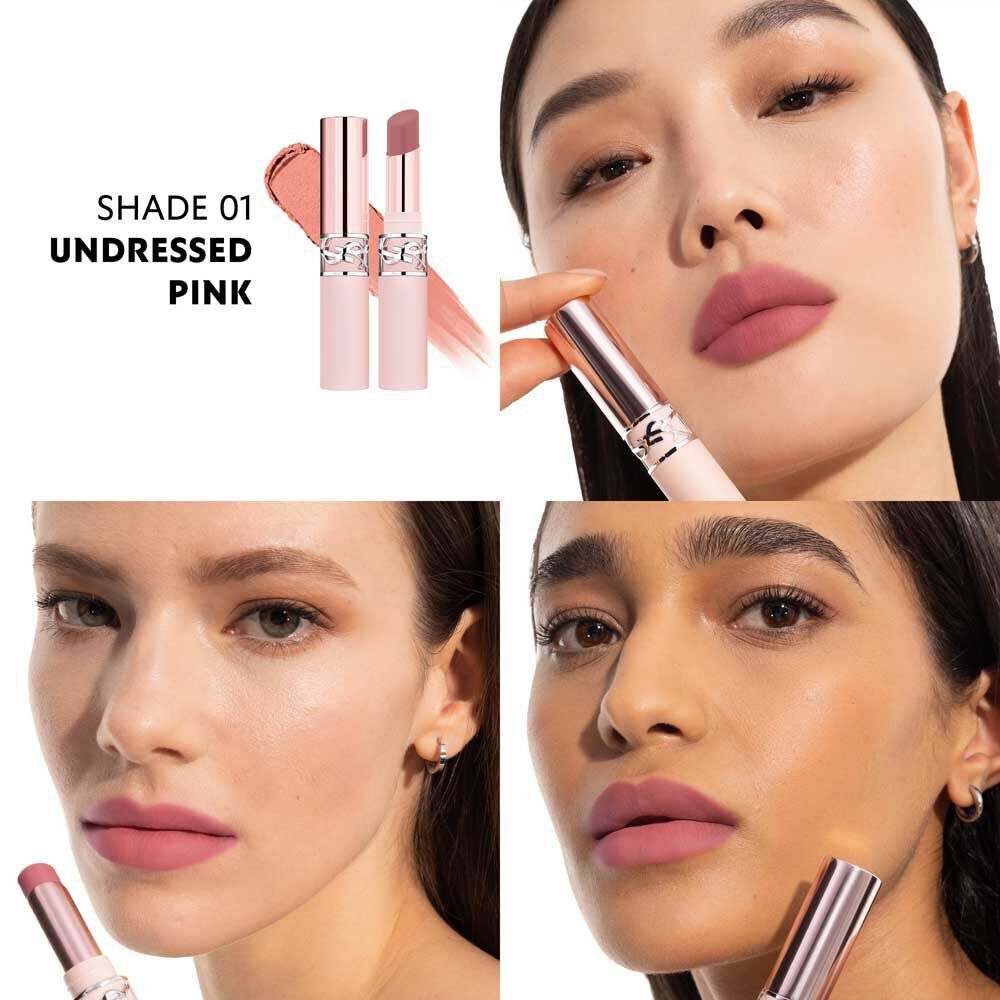 Model wearing YSL LOVENUDE LIP BLUSHER shade 01 Undressed Pink with soft matte finish.