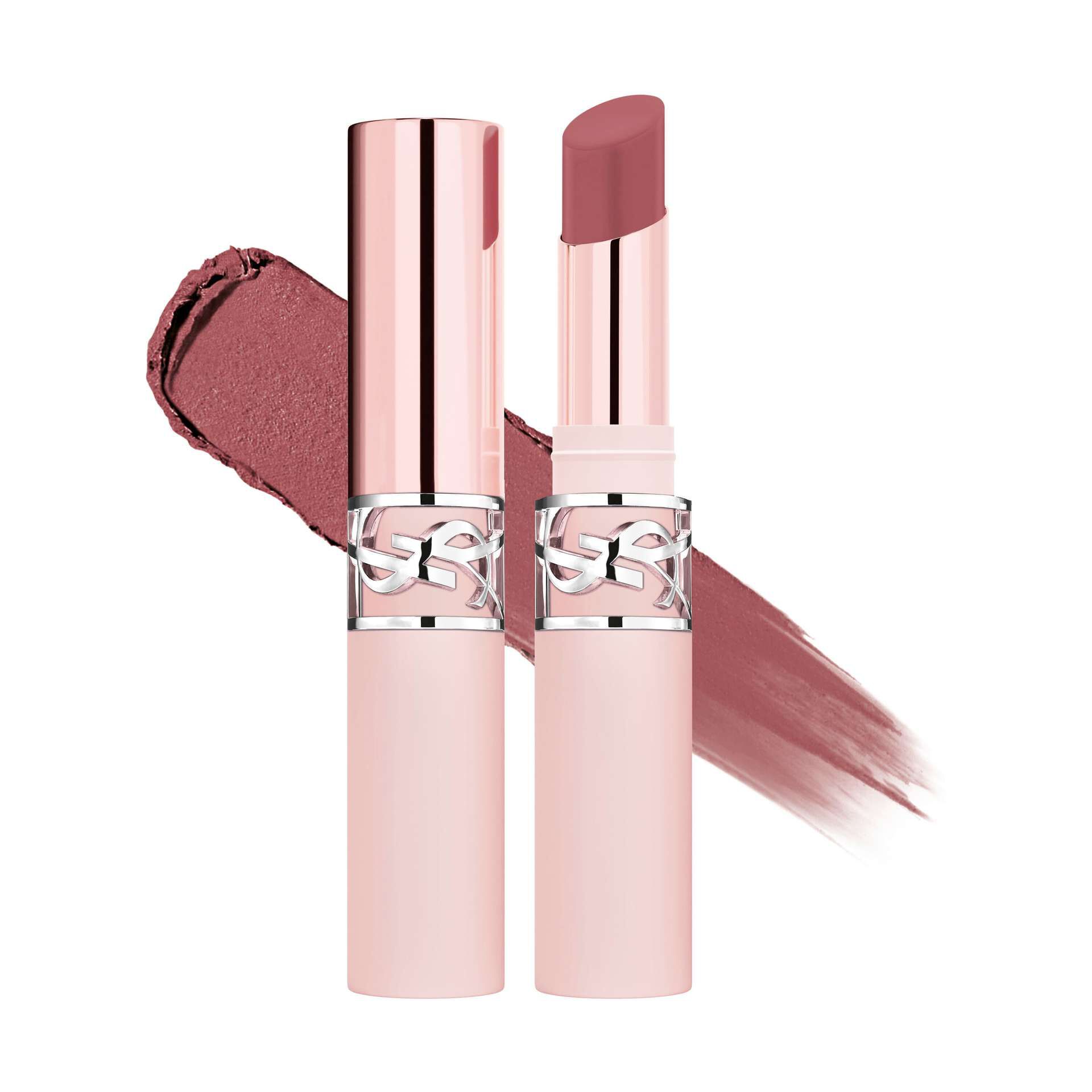 YSL LOVENUDE Lip Blusher, shade 06 Naughty Pink. Packshot of opened and closed product with swatch.