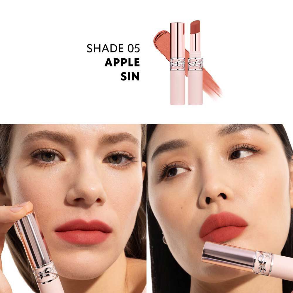 Model wearing YSL LOVENUDE LIP BLUSHER shade 05 Apple Sin with soft matte finish.