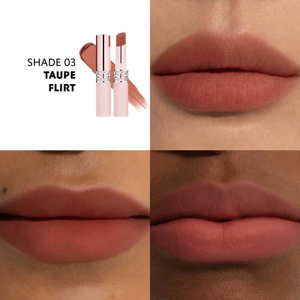 YSL LOVENUDE Lip Blusher, shade 3. Multiframe close-up of lips wearing the product.