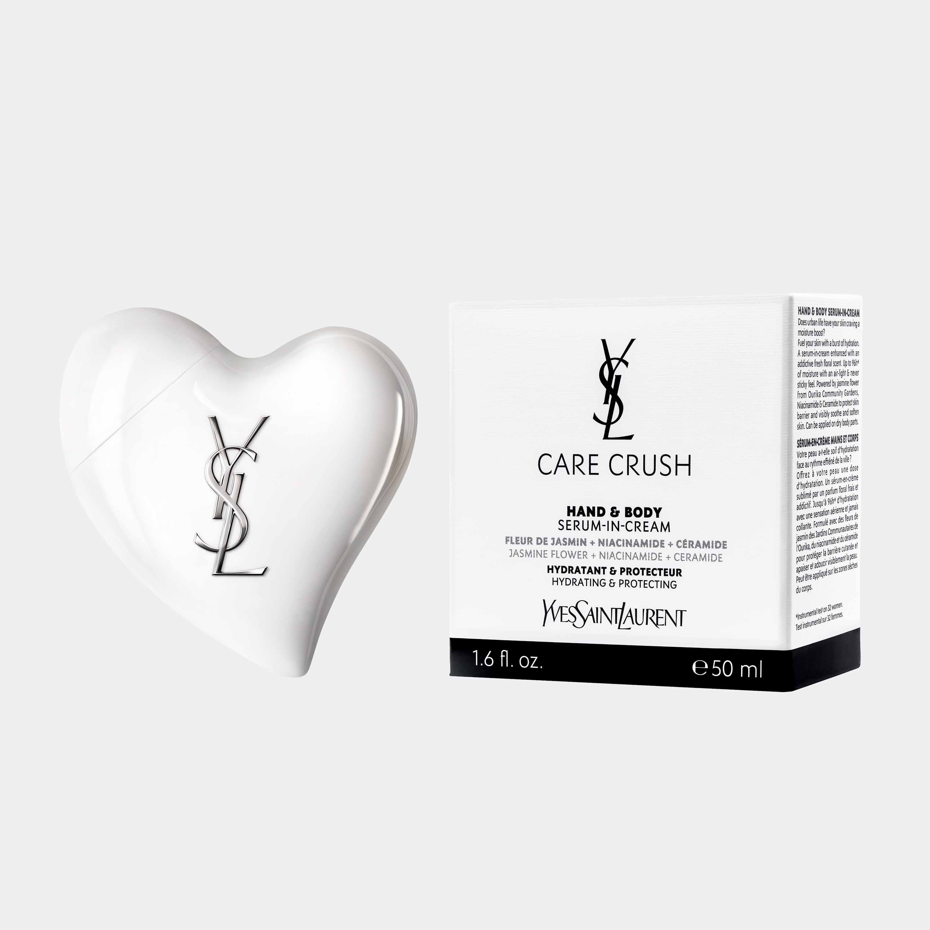 Macro of silky white Care Crush cream texture forming smooth waves with "air-light serum-in-cream" claim .