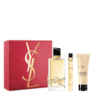 YSL Mother's Day giftset : LIBRE EDP 90ml, 10ml, and 50ml body cream, close-up with a pink gift set and a gold cassandre on it.