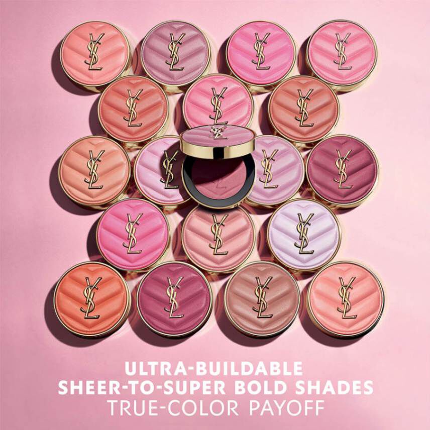 YSL Make Me Blush Bold Blurring Blush collection, displaying 20 compacts in various shades, highlighting the ultra-buildable formula and color payoff
