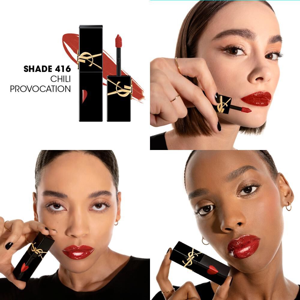 YSL The Inks Vinyl Cream lipstick in shade 416 Chili Provocation with models showcasing vibrant red color