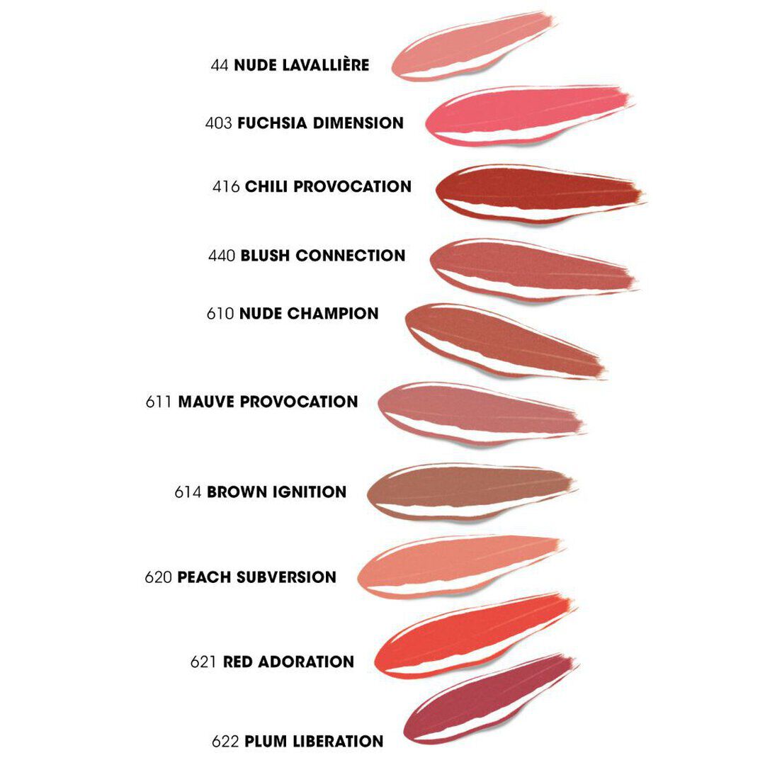 Swatches of YSL The Inks Vinyl Cream lipstick shades, including Nude Lavalliere, Chili Provocation, Red Adoration, and more