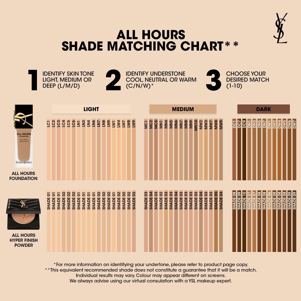 YSL shade matching chart, helping users find the right foundation and powder match