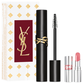 YSL Lash Clash mascara gift set with black mascara, mini pink lipstick, and Holiday box.