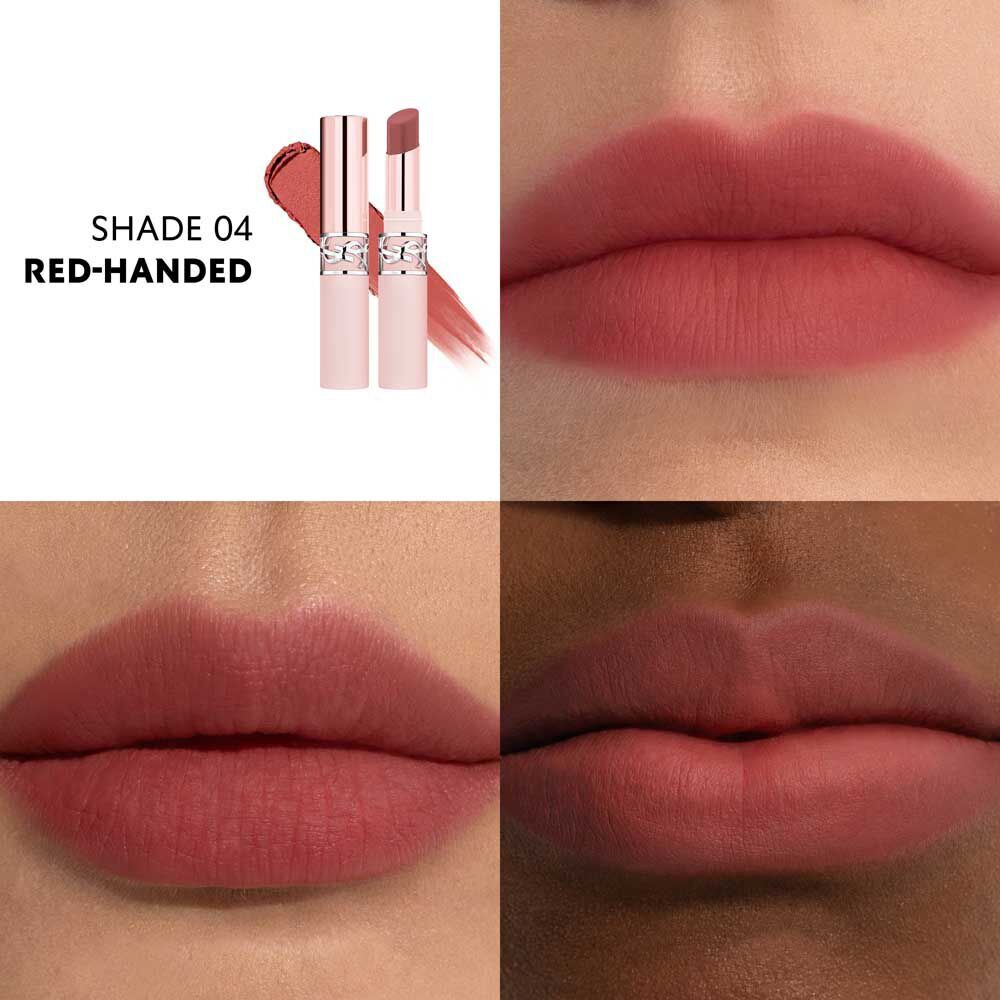 YSL LOVENUDE Lip Blusher, shade 4. Multiframe close-up of lips wearing the product.