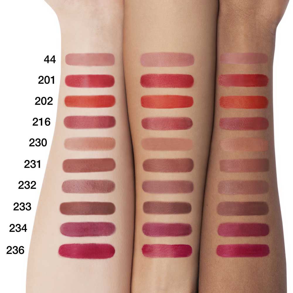Arm swatches showing different shades of YSL The Inks Blur lip stain on light, medium, and dark skin tones
