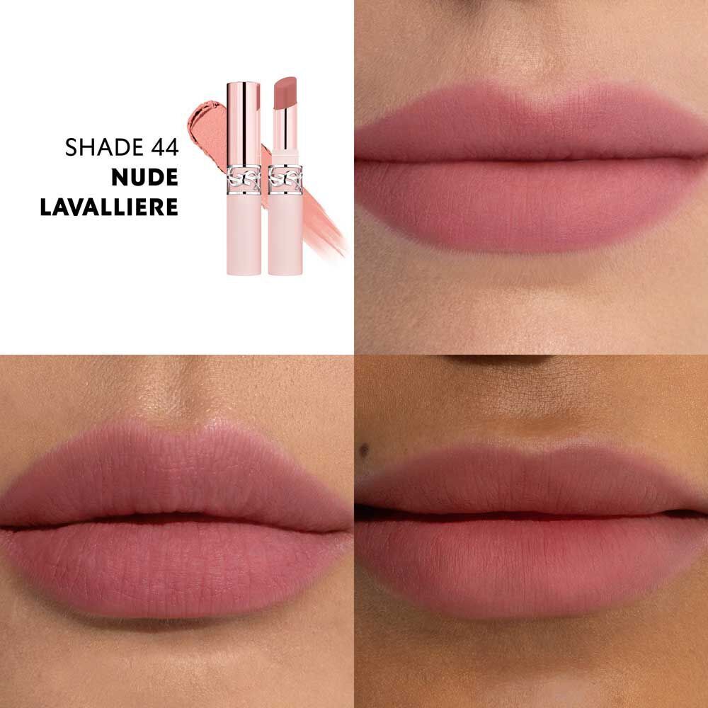 YSL LOVENUDE Lip Blusher, shade 44. Multiframe close-up of lips wearing the product.