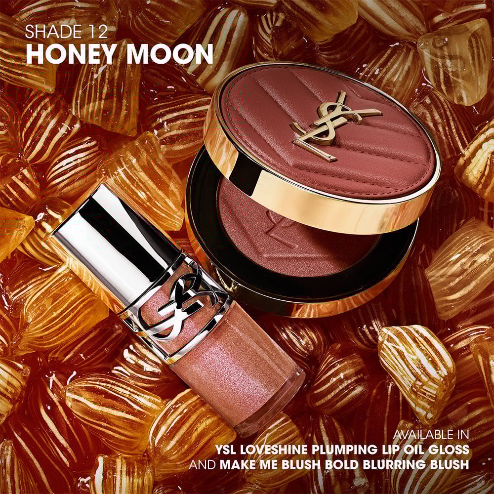 YSL LOVESHINE Plumping Lip Oil Gloss shade 10 and Make Me Blush shade 66, amidst vibrant pink heart-shaped sweets.