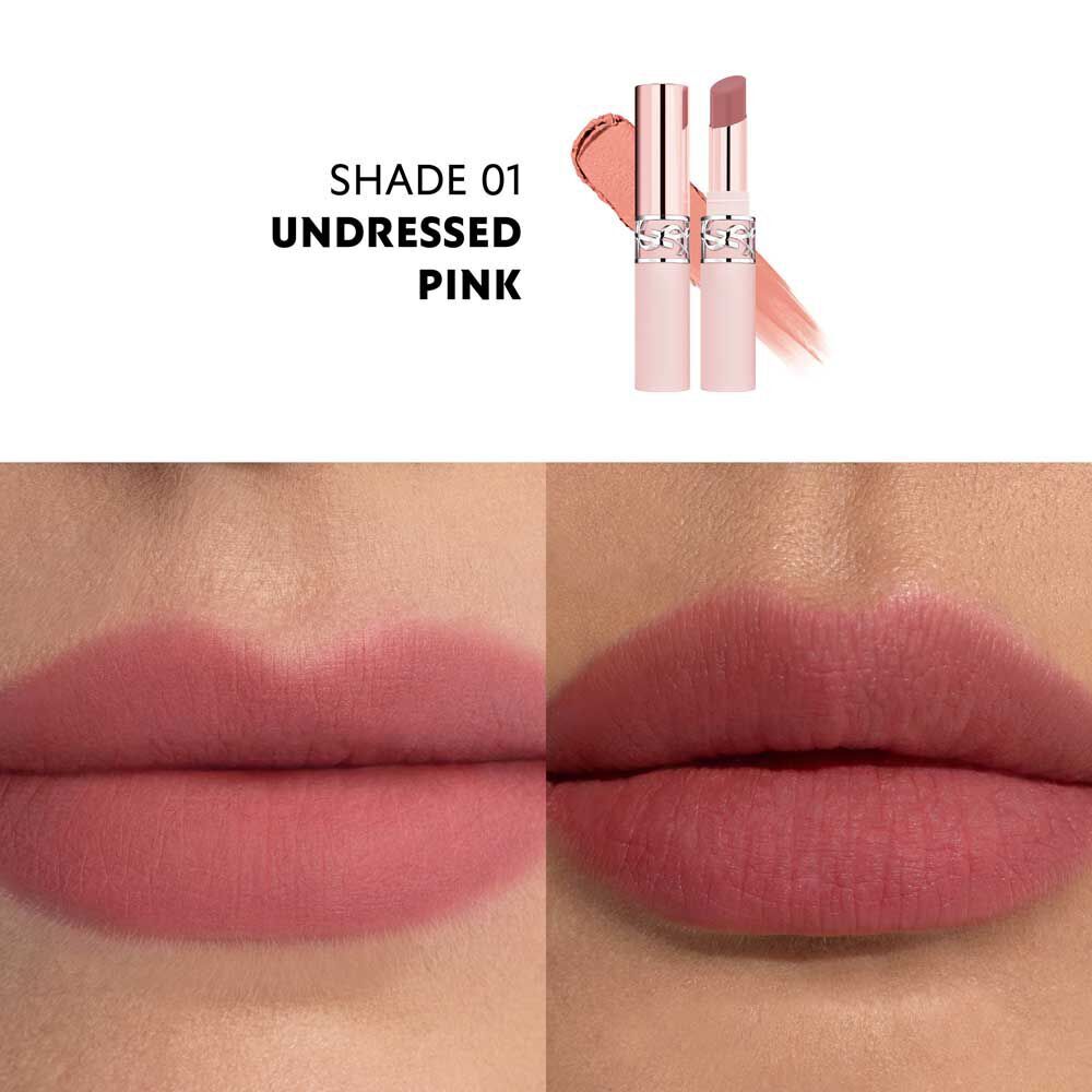 YSL LOVENUDE Lip Blusher, shade 1. Multiframe close-up of lips wearing the product.