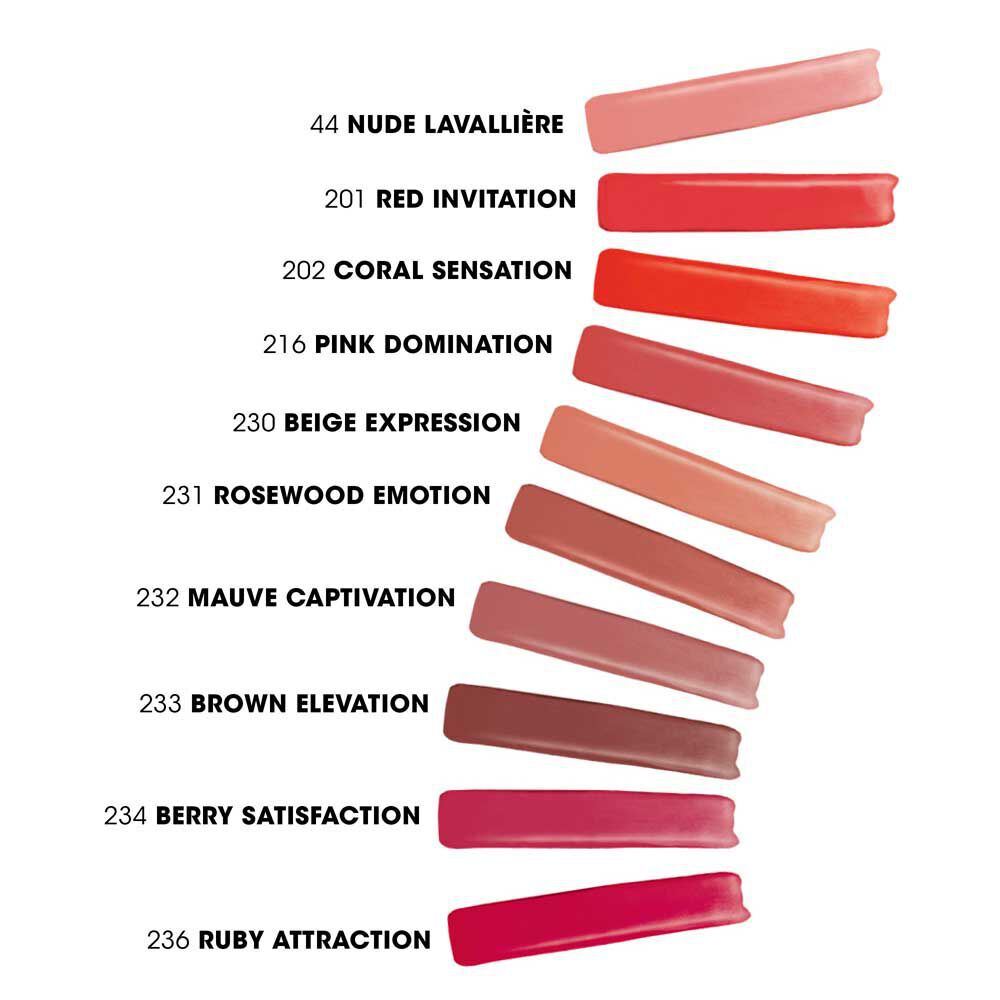 Swatches of YSL The Inks Blur lip stain shades including Nude Lavalliere, Red Invitation, Coral Sensation, and more