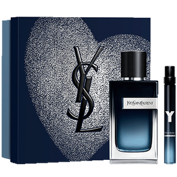 YSL Y Eau de Parfum 100ml and  10ml set, with a dark blue heart- patterned gift box.