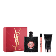 YSL Black Opium Routine Spring Set with gift box, Black Opium Eau de Parfum 90 ml, 10 ml travel spray and body lotion 50 ml on a white background.