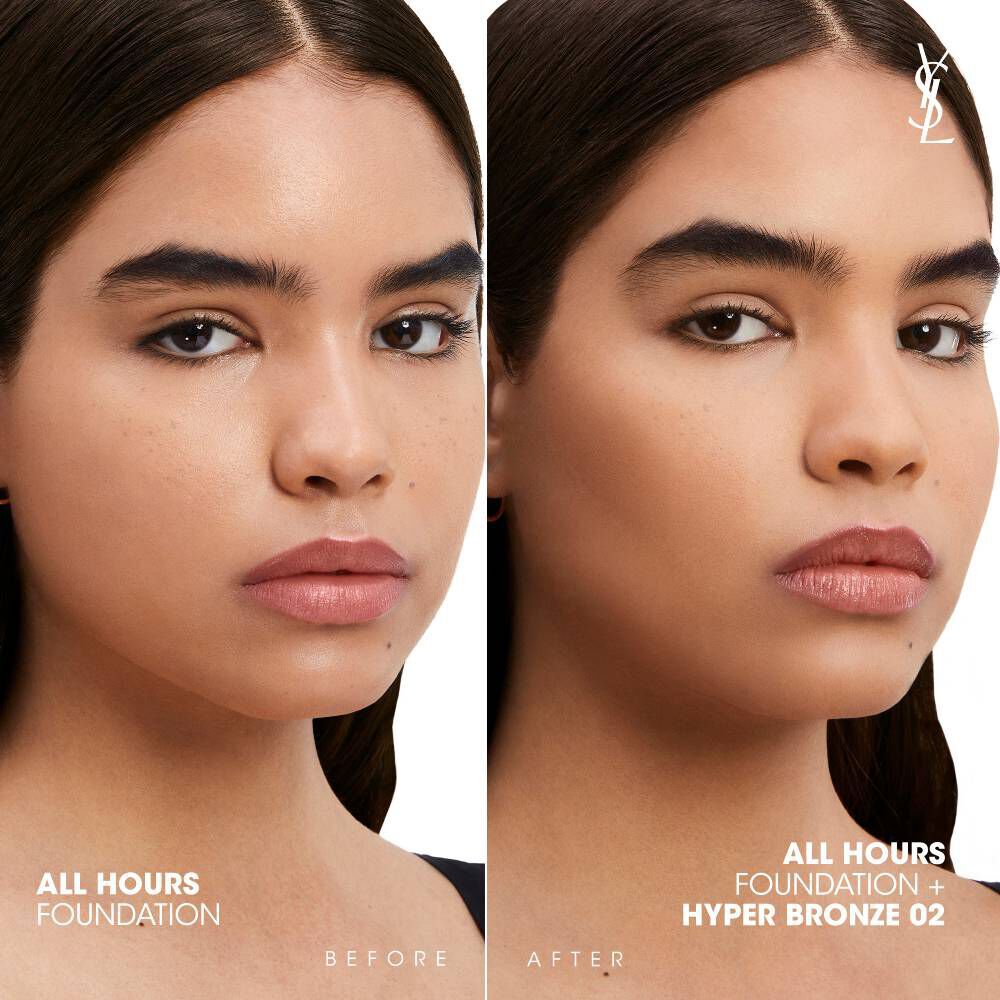 Before and after image showing YSL All Hours Foundation with Hyper Bronze 02 on model’s face