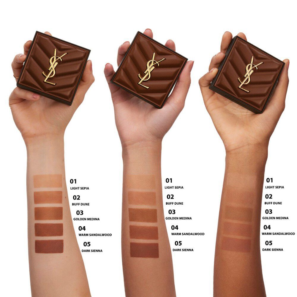 Swatches of YSL All Hours Hyper Bronze Powder shades on three different skin tones