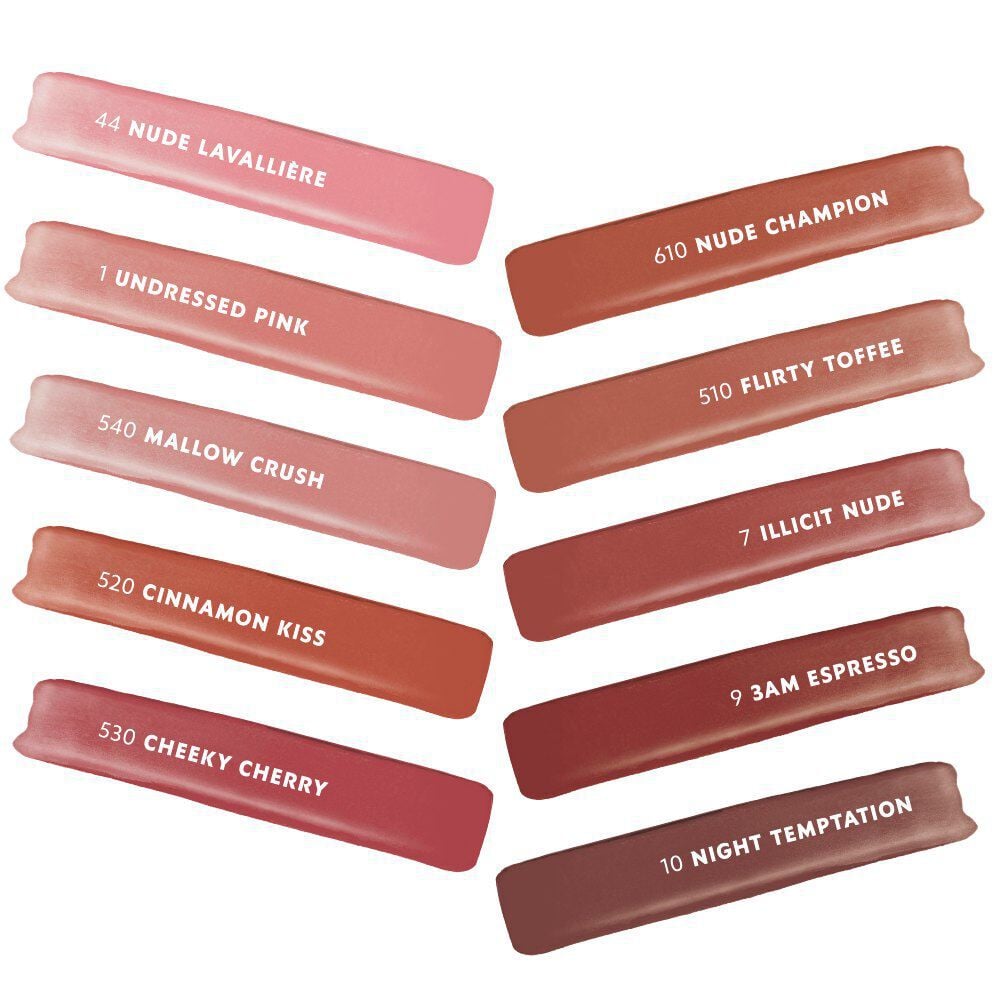 YSL LOVENUDE LIP STAIN swatches showing the 10 shades and liquid textures.
