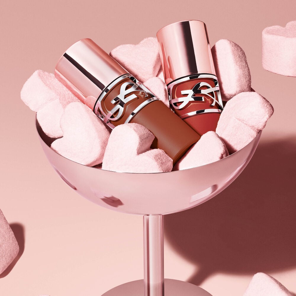 YSL LOVENUDE LIP STAIN shades presented in a marshmallow cup to illustrate the bouncy and cushiony texture.