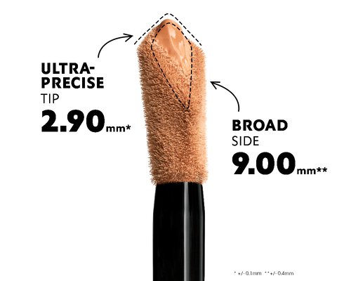 Close-up of YSL All Hours Concealer applicator with ultra-precise tip (2.90mm) and broad side (9.00mm) for full coverage