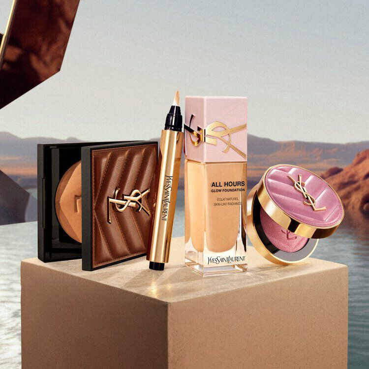 YSL LOVENUDE Lip Blusher, shade 44. Digital still life of two lip blushers in a 'duo nuage' composition.