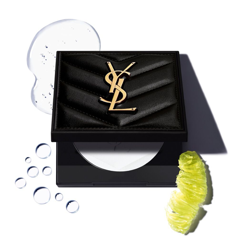 Open YSL All Hours Hyper Finish Powder compact with skincare actives, including a lime extract and water droplets