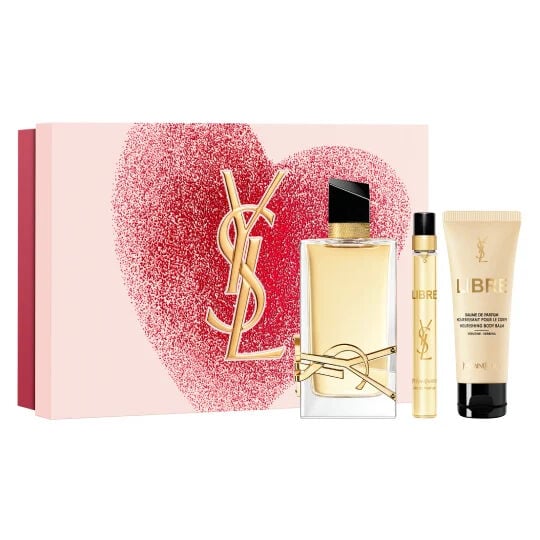 YSL Mon Paris Eau de parfum 90ml, 10ml, and 50ml
body lotion, with a red glitter heart background.