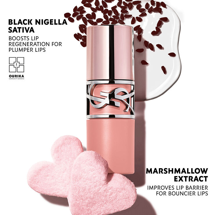 YSL LOVENUDE LIP STAIN with Black
Nigella Sativa oil and pink heart
marshmallows.